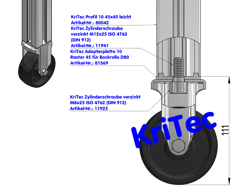 KriTec Adapterplatte 10 Raster 45 für Bockrolle D80
