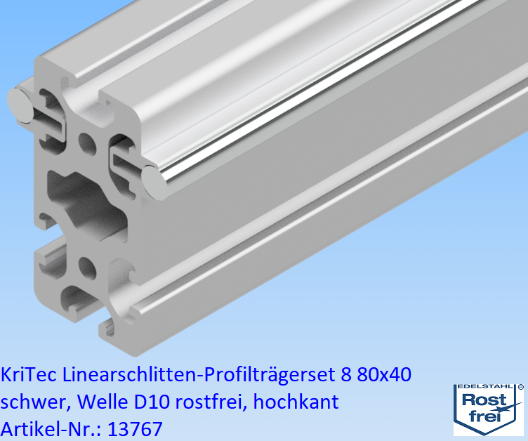 KriTec Linearschlitten-Profilträgerset 880x40 schwer, Welle D10 rostfrei, hochkant