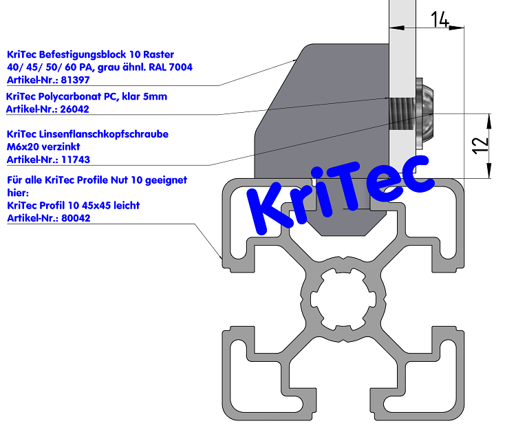 KriTec Befestigungsblock 10 Raster 40, 45, 50, 60 PA, grau ähnl. RAL 7004