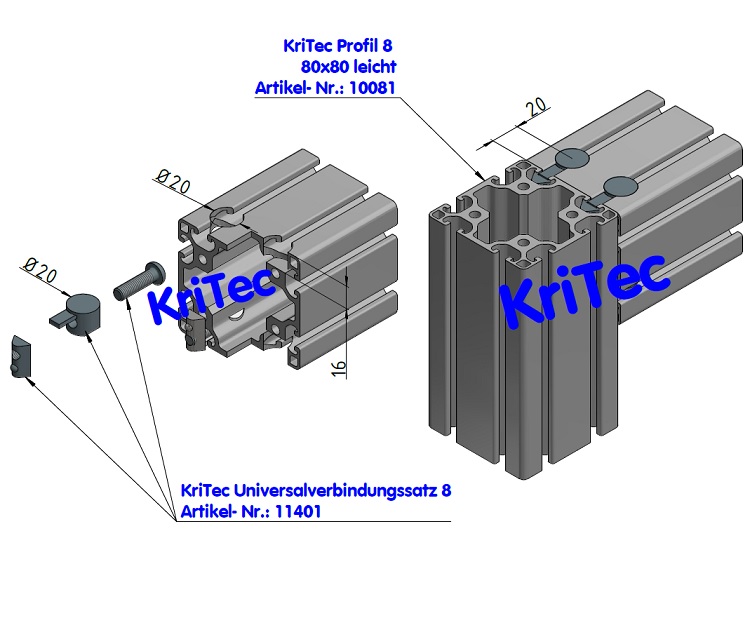 KriTec Universalverbindungssatz 8 Raster 40, verzinkt und rostfrei