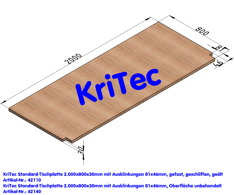KriTec Standard-Tischplatte 2.000x800x30mm mit Ausklinkungen 81x46mm
