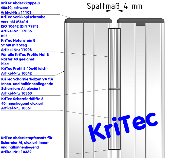 KriTec Scharnierhälfte 8 40 innenliegend, eloxiert