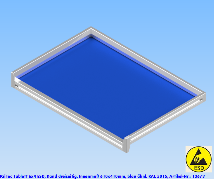 KriTec Tablett 6x4 ESD, Rand dreiseitig, Innenmaß 610x410mm, blau ähnl. RAL 5015