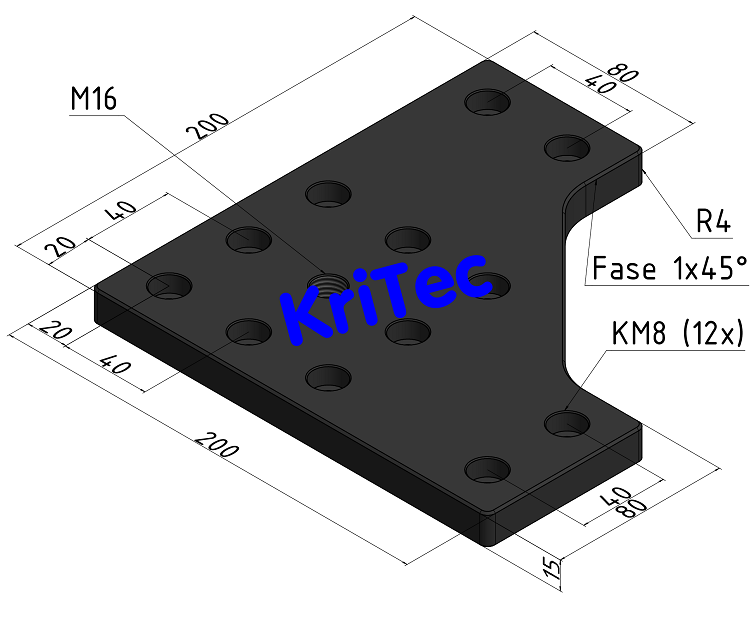 KriTec Transport- und Fußplatte 8 200x200-90° M16 für Profil 8 120x120 schwarz