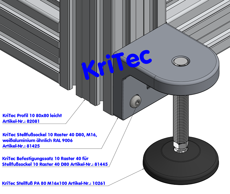 KriTec Stellfußsockel 10 Raster 40 D80, weißaluminium ähnlich RAL 9006