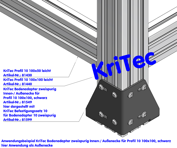 KriTec Bodenadapter zweispurig Innen-/ Außenecke für Profil 10 100x100, schwarz