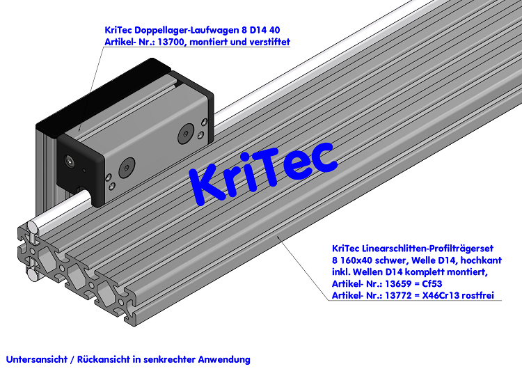 KriTec Linearschlitten-Profilträgerset 8 160x40 schwer, Welle D14, hochkant