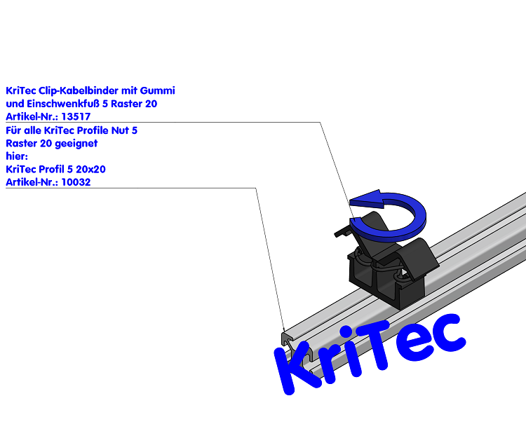 KriTec Clip-Kabelbinder mit Gummi und Einschwenkfuß 5 Raster 20