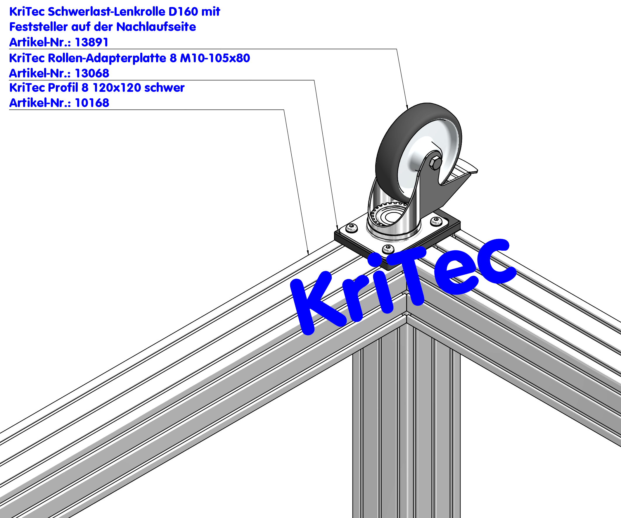 KriTec Schwerlast-Lenkrolle D160 mit Feststeller auf der Nachlaufseite