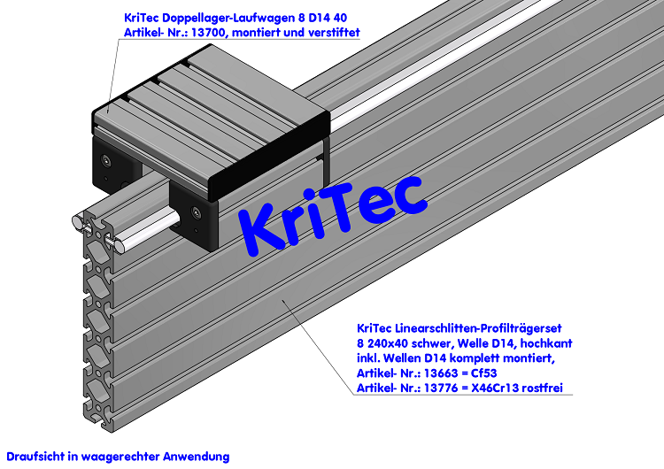 KriTec Linearschlitten-Profilträgerset 8 240x40 schwer, Welle D14, hochkant