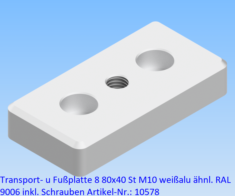 KriTec Transport- und Fußplatte 8 80x40 St M10 weißaluminium ähnl. RAL 9006  inkl. Schrauben